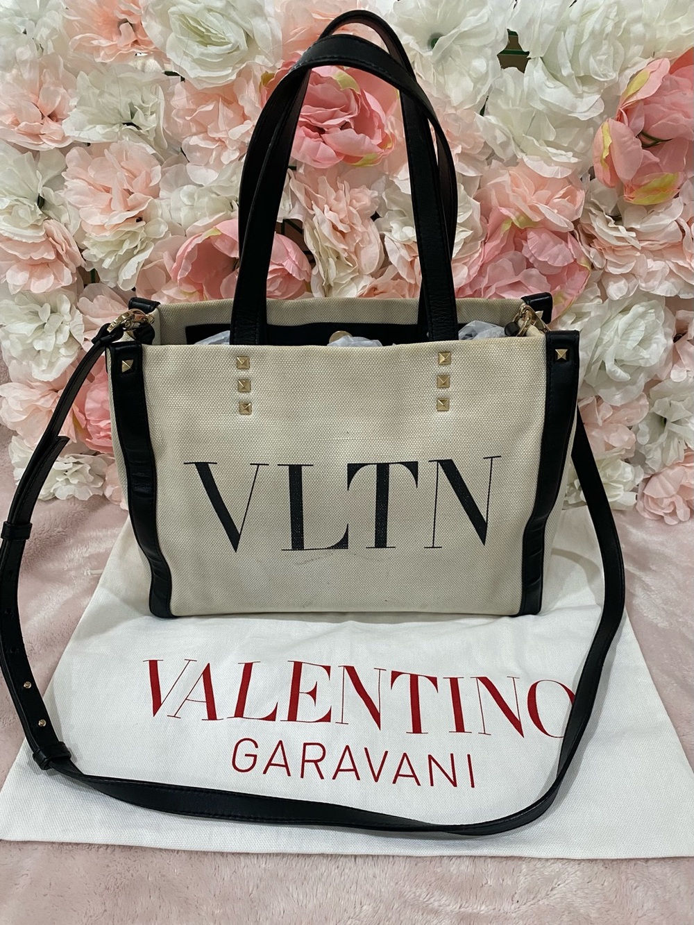 Valentino Garavani VLTN Canvas Tote in Cream and Black with Gold Studs